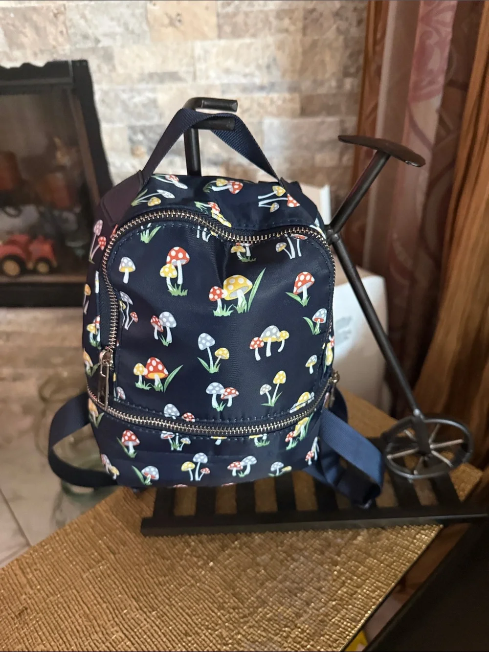 Kids Navy Mushroom Print Mini Backpack - Cute Kids Bag